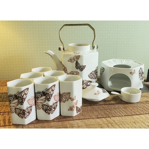 Tea Set Teapot Warmer Sato Gordon Collection Six Cups Brown Gold Butterflies - Picture 2 of 14